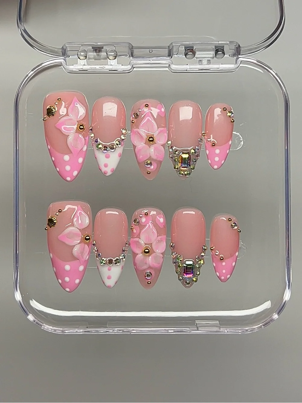 Handmade Pink Blossom 3D Flower Rhinestone Press-On Nails